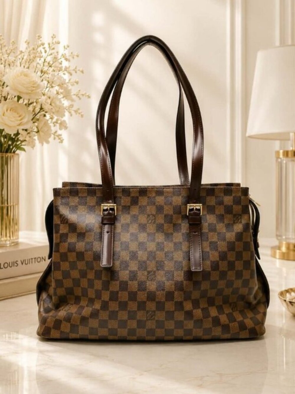 Authentic Louis Vuitton Chelsea Damier Ebene Shoulder Tote Bag Brown